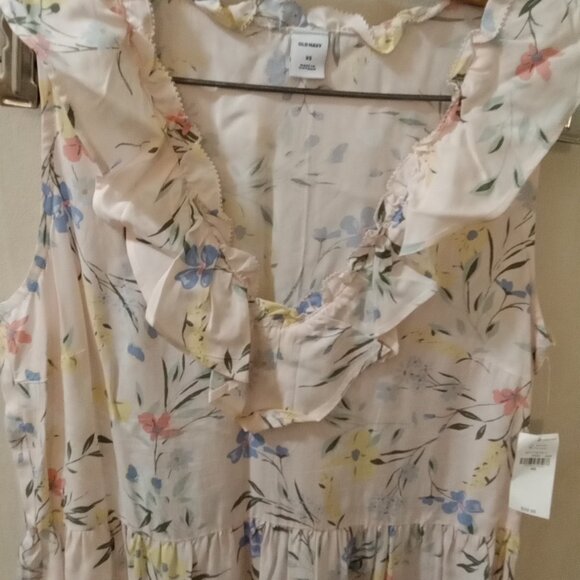 NWT Old Navy Sz XS soft pink floral ruffles around Neckline Midi/Maxi Dress - Picture 3 of 6